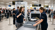 A woman travelling through airport security with her walking stick.