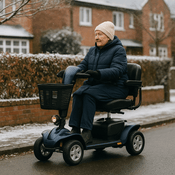 Man riding a 4 wheel scooter in bad weather.