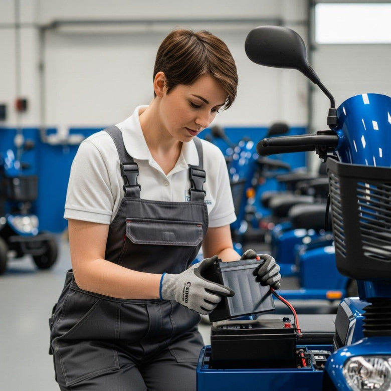 Lady checking beattery reference numbers on a blue mobility scooter in a workshop