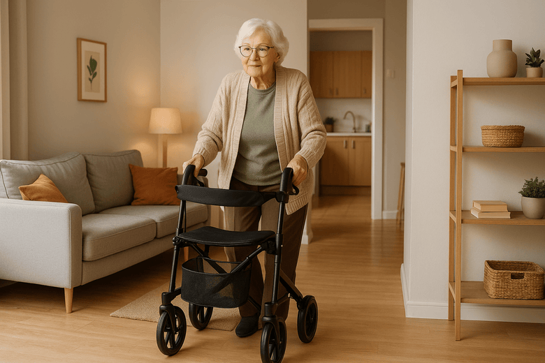 Older adult using a lightweight rollator in a small home, staying independent and confident with Millercare mobility aids.