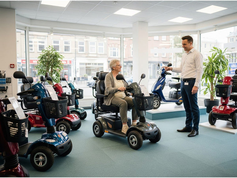 a woman sat on a mobility scooter in a showroom