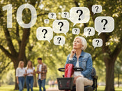 lady sat in a mobility scooter thinking with question marks above her head.