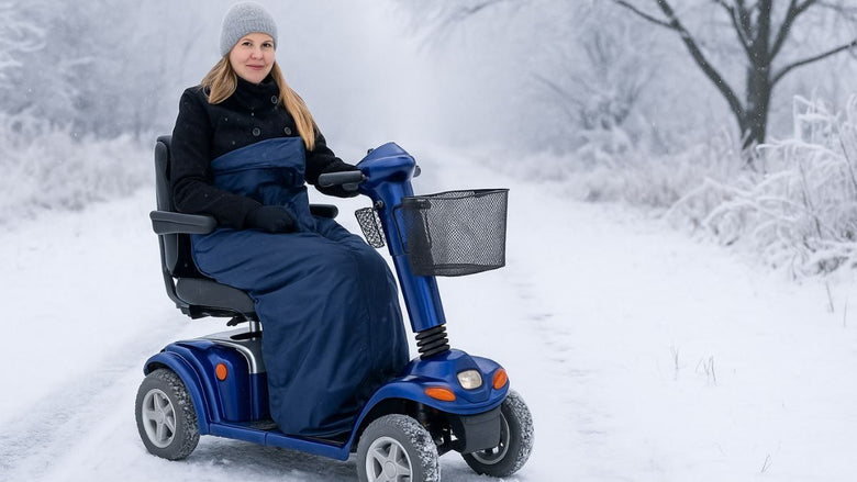 lady wearing a scooter cosy while siting on a mobility scooter on a path covered in snow