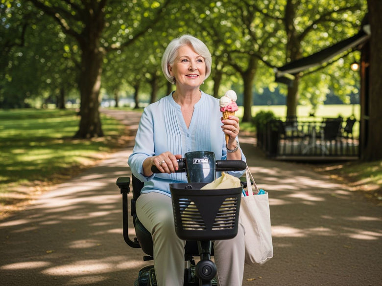 lady riding a mobility scooter through a park holding an ice scream