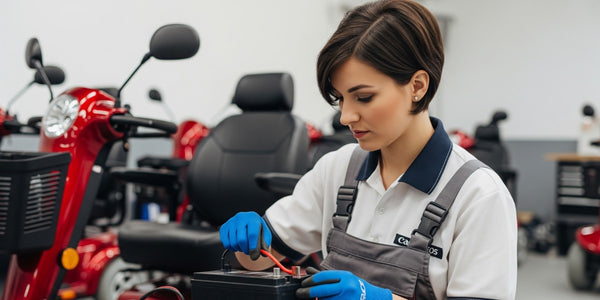 Woman working on a red scooter in a workshop