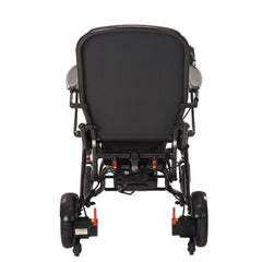 Rear view of the C60 Folding Powerchair with a textured mesh backrest, black wheels, and silver armrests on a white background.