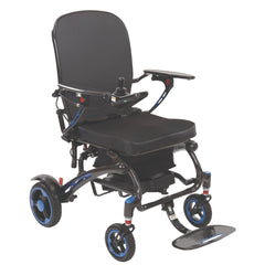 Black C60 Folding Powerchair with blue wheel accents, padded seat and backrest, armrests, and a footrest, shown on a white background.