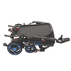 A folded C60 Folding Powerchair shown from a side profile view against a solid white background. The wheelchair features a black seat and frame with blue accents on the wheel hubs and structural elements.