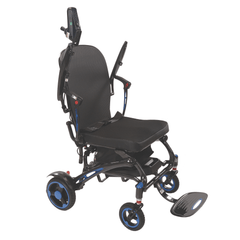 A C60 Folding Powerchair with blue accents on the wheels and frame, featuring a high backrest, armrests, and a footrest, shown against a plain white background.