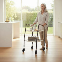 Woman pushing a rolling cart with books and a teapot in a bright room.