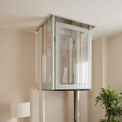 Glass enclosed home lift in a room with beige walls and a plant.