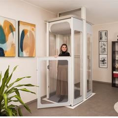 Person using a home lift in a living room setting