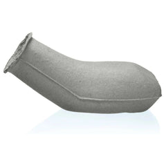 Disposable male urine sample bottle facing left on white background